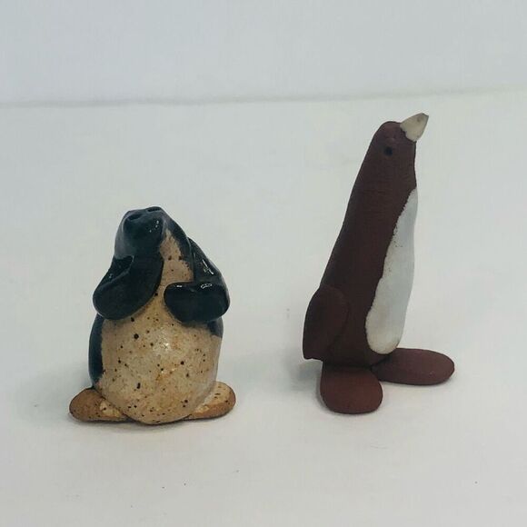 handmade handcrafted clay pottery penguins brown and black glazed 2.5 3 inch - Picture 2 of 12